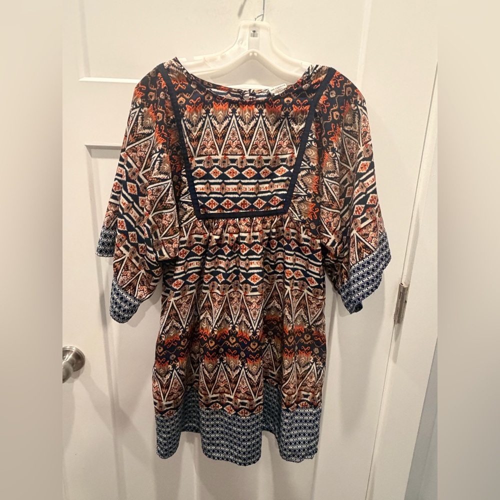 One Clothing Boho Tribal Print Dress L Flowy Babydoll Festival Mini Dress